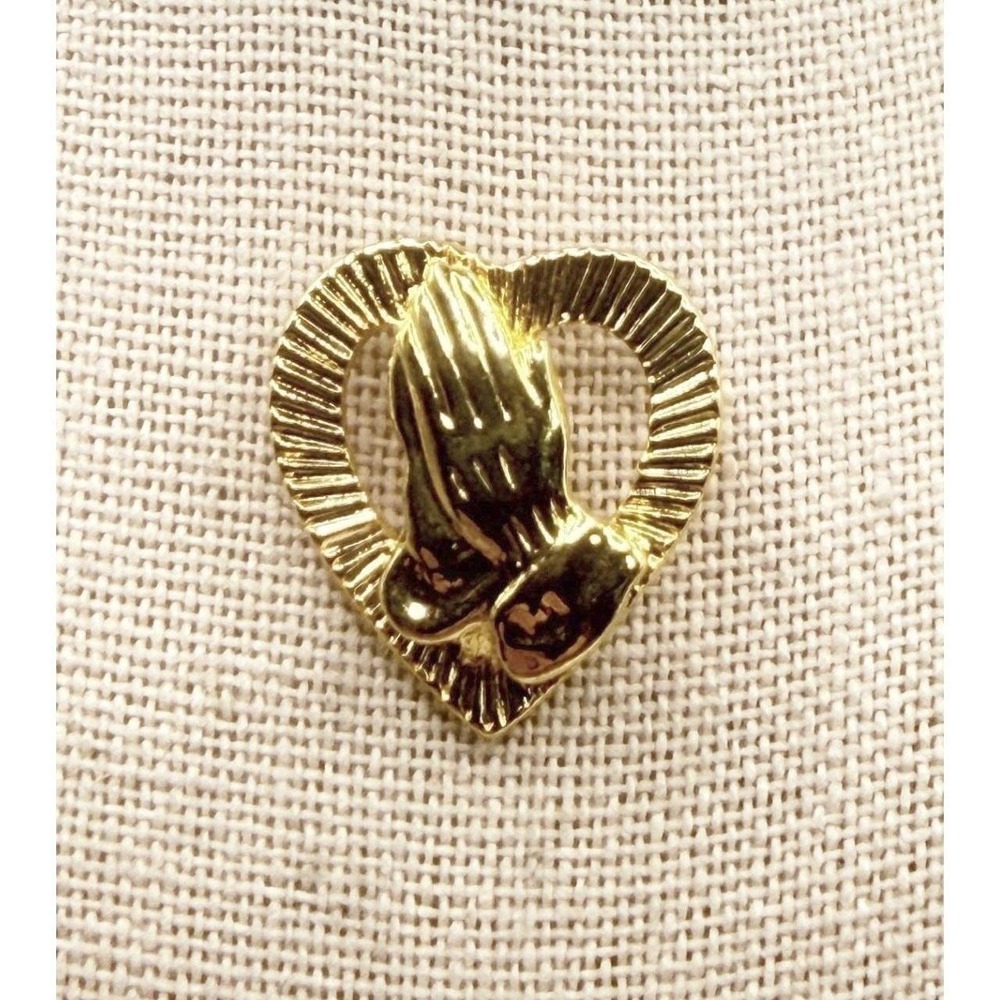 Gold Tone Praying Hands Heart Lapel Pin Christian Faith Religious 3/4"